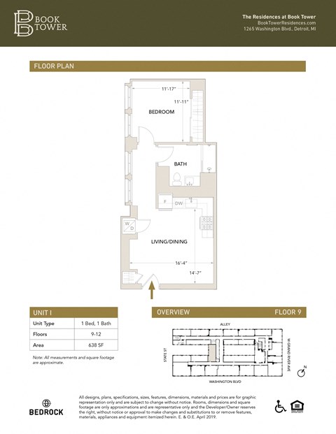 Unit I Floor Plan at Book Tower, Detroit, MI